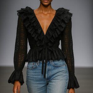 SIMONETT Cedrina Top Black Lace Ruffle Sheer Grid Blouse Long Sleeve V-Neck M